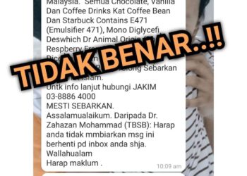 TANGKAP layar aplikasi WhatsApp yang tular berhubung status halal Starbucks Malaysia.