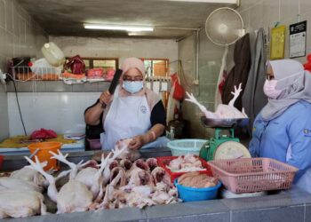 AIN Arjuna Aziz Zaman (kanan) ketika membuat pemeriksaan harga ayam sempena Operasi Pemantauan di Peringkat Rantaian Pembekalan Ayam di Bawah Op Catut 8.0 di Pasar Awam Kuala Pilah, Kuala Pilah hari ini.-UTUSAN/NOR AINNA HAMZAH.