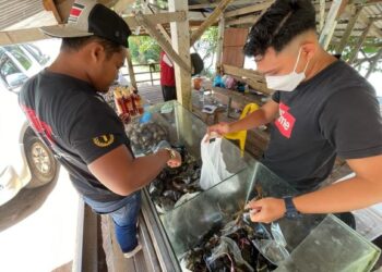IZMAN Fikri Mohamad (kanan) melayan pembeli ketam di gerainya di Kampung Kuala Semerak, Pasir Puteh, semalam. - UTUSAN/TOREK SULONG