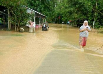 SEORANG penduduk mengharungi banjir di di Kampung Lubuk Pedati, Baling.