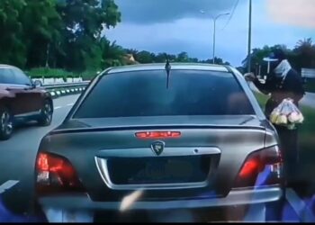 TULAR video sebuah kereta berhenti mengejut di tepi jalan utama semata-mata untuk membeli jeruk mangga sehingga menyebabkan dua kenderaan lain berlanggar. -FOTO Media sosial