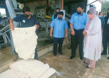 ZURAIDA Kamaruddin (kanan) melihat proses penghasilan getah krip di Stesen Penyelidikan Getah Sungai Sari, Padang Sanai, Padang Terap hari ini. - UTUSAN/MOHD. RAFIE AZMI