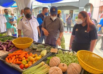 HASNOL ZAM ZAM Ahmad (tengah) meninjau Program Jualan Keluarga Malaysia (PJKM) di pekan Kuala Sungai Baru, Alor Gajah, Melaka. - UTUSAN/DIYANATUL ATIQAH ZAKARYA