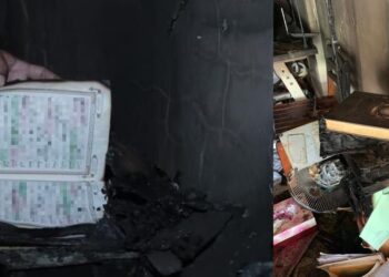 DUA naskhah al-Quran yang selamat dalam kejadian kebakaran di bilik solat sebuah rumah di Taman Tuanku Jaafar, Senawang, Seremban, kelmarin. - GAMBAR/IHSAN MAINS