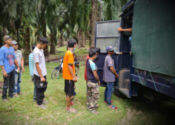SUSPEK pengedar dan penagih dadah dibawa menaiki kenderaan polis dalam serbuan di sebuah 'port' ladang sawit sebuah Felda di Jerantut, Pahang. - FOTO IHSAN IPD JERANTUT