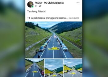 TANGKAP layar akaun Facebook sebuah kelab kereta yang menunjukkan deretan kenderaan berhenti di lorong kecemasan Jalan Temiang-Pantai dipercayai untuk bergambar dalam kejadian pada Sabtu lalu.
