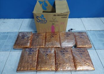 SEMBILAN ketulan mampat dibaluti plastik lutsinar dan aluminium foil disyaki dadah jenis ganja yang dirampas di Kampung Teluk, Sungai Layar, Sungai Petani Isnin lalu.