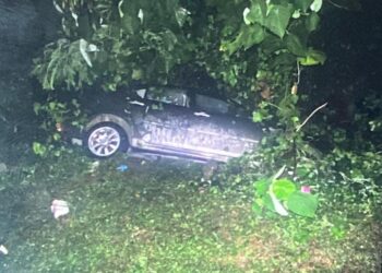 KERETA dipandu mangsa yang terbabas setelah melanggar seekor kerbau di Jalan Perindustrian Pengkalan 2 dekat Batu Gajah hari ini. - UTUSAN/IHSAN PDRM PERAK
