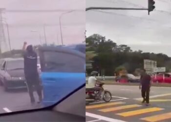 TANGKAP layar memaparkan aksi seorang lelaki yang tiba-tiba mengamuk di persimpangan lampu isyarat, Jalan Lingkaran Tengah berdekatan Centre Point Seremban.