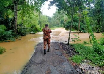 ANGGOTA Jabatan Bomba dan Penyelamat Malaysia (JBPM) sedang memantau paras air Sungai Lipis yang menyebabkan banjir kilat di kawasan Batu Malim di Raub, Pahang. - FOTO IHSAN JBPM