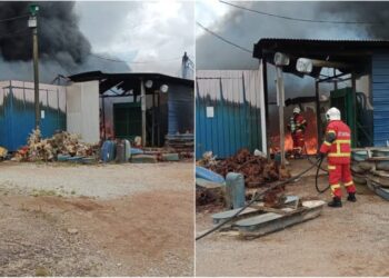 BENGKEL pembaikan kolam dan gudang makanan ikan serta udang musnah dalam kebakaran di Kampung Kebun Cina, Port Dickson, petang tadi. - GAMBAR/IHSAN BOMBA