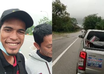 AZWAN Omar (kiri) bersama Mitsubishi Triton miliknya tiba di Terengganu kira-kira pukul 4.50 pagi tadi.