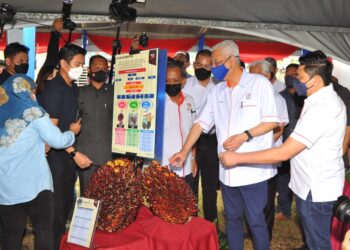 ISMAIL Sabri Yaakob melihat buah kelapa sawit ketika melawat pameran pada Majlis Transformasi Perladangan Felda di Felda Endau, Mersing di sini. -UTUSAN/ RAJA JAAFAR ALI