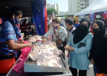 ORANG ramai tidak melepaskan peluang membeli ayam segar pada Program Jualan Keluarga Malaysia (PJKM) yang diadakan di pekarangan Masjid AlBukhary, Jelutong, Pulau Pinang hari ini.