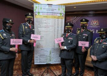 ALEXANDER Nanta Linggi (tiga kanan) menunjukkan tanda harga siling penetapan Skim Harga Maksimum Musim Perayaan sempena Aidilfitri 2022 di KPDNHEP Putrajaya. - UTUSAN/FAISOL MUSTAFA