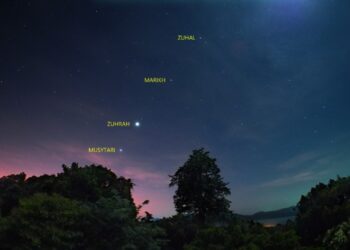 TANGKAP layar daripada Mysa yang memaparkan foto konjungsi empat planet serentak dirakamkan Observatori Negara Langkawi semalam.