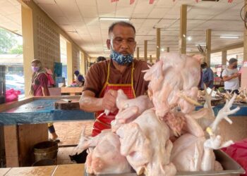 MAT Rozi Abdullah memotong ayam yang sudah ditempah oleh pelanggan di Pasar Simpang Empat, Arau, Perlis. - UTUSAN/NAZLINA NADZARI