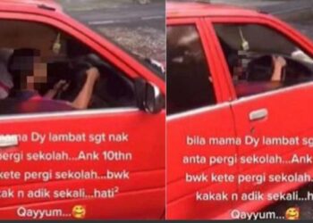 TANGKAP layar video TikTok menunjukkan seorang kanak-kanak berusia 10 tahun memandu Perodua Kancil bersama adik serta kakaknya untuk ke sekolah dalam kejadian di Pekan Nanas, Pontian, Selasa lalu.