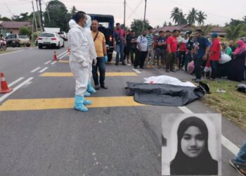 MAYAT Nurul Shafeena Mohd. Hasmawi tercampak sejauh 15 meter dalam kemalangan di Jalan Kampung Tengah, Kuala Sungai Baru, Melaka.