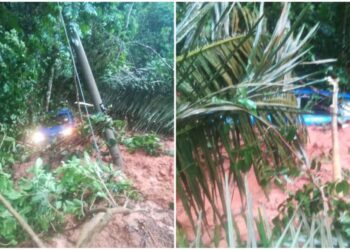 KEADAAN sebuah kereta Toyota Avanza yang dibawa arus banjir dalam kejadian di Kampung Dingkir Inas, Kuala Pilah petang tadi.
