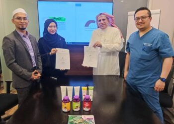 MAJLIS menandatangani perjanjian kerjasama oleh Dr Maryam Aziz, Ketua Pegawai Eksekutif Jardin Pharma Berhad dengan Dr. Faisal Ghabra, Ketua Pegawai Eksekutif EFIG, Saudi.