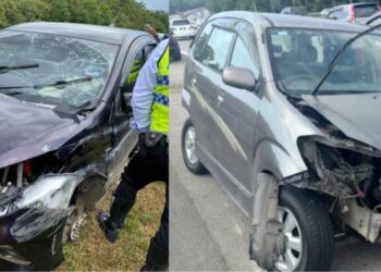 DUA daripada lima buah kereta yang terlibat dalam kemalangan di Kilometer 243.3 Lebuhraya Utara-Selatan (PLUS) arah selatan di Seremban semalam.