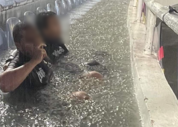 TANGKAP layar sebuah video tular keadaan di kawasan tempat duduk penonton yang digenangi air selepas hujan lebat di Stadium Sultan Mizan Zainal Abidin, Kuala Terengganu, semalam. - MEDIA SOSIAL