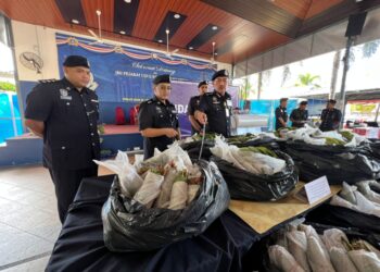 MUHAMAD Zaki Harun (tiga dari kiri) menunjukkan daun ketum yang dirampas semasa sidang media di IPK Kelantan hari ini. -UTUSAN/ROHANA MAT NAWI.