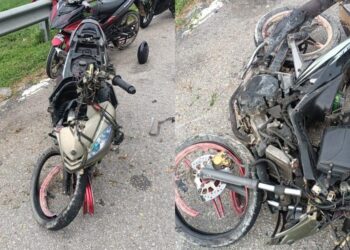 REMUK motosikal mangsa yang maut selepas merempuh sebuah lori muatan kelapa di KM44 Jalan Klang - Teluk Intan di Kuala Selangor, Selangor, semalam.