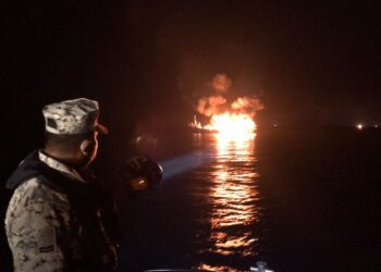 SERAMAI 20 nelayan terselamat apabila bot yang mereka terbakar di perairan Kuala Endau, Pahang.