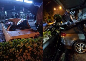 KERETA dipandu mangsa hilang kawalan dan merempuh empat buah kenderaan dalam kejadian di Jalan Batu Berendam, Melaka.