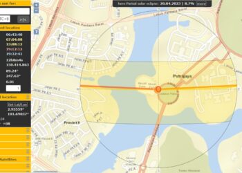 TANGKAP layar daripada laman SunCalc yang memaparkan kedudukan zenith matahari ketika waktu azan Zohor di Putrajaya pada Hari Malaysia 2022.