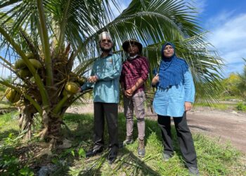 NIK Muhammad Zawawi Salleh (kiri) meninjau pokok kelapa varieti Sungai Gulang-gulang (SGG)  kawasan tanaman kelapa di Kampung Gong Tengah, Pasir Puteh, Kelantan, hari ini. -UTUSAN/TOREK SULONG