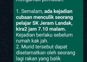 KENYATAAN tular di laman sosial Facebook dan aplikasi WhatsApp tentang kejadian cubaan culik murid sebuah sekolah rendah di Kampung Jeram Landak di Lipis, Pahang.