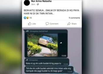 TANGKAP layar hantaran di Facebook yang tular dan mendakwa terdapat cubaan culik kanak-kanak di Kampung Paya, Port Dickson.
