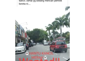 TANGKAP layar hantaran tular dalam laman sosial Facebook mengenai Perodua Kancil berwarna merah yang didakwa memandu secara melulu di Masjid Tanah, Melaka.