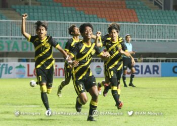 SKUAD Muda negara meraikan kejayaan selepas layak ke Piala Asia B17 sebagai juara Kumpulan B.