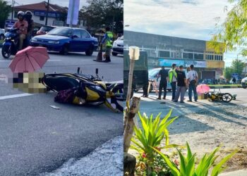 KEADAAN motosikal ditunggang suami isteri dan cucu mereka yang terlibat kemalangan dengan sebuah lori di Jalan Chepor, Ipoh hari ini. - UTUSAN/MEDIA SOSIAL