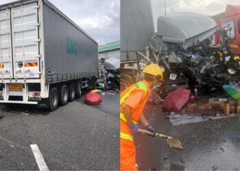 SEORANG pemandu treler maut dalam kejadian kemalangan membabitkan lima buah kenderaan di  Kilometer 280 Lebuhraya Utara Selatan (Arah  Selatan) dekat Nilai, Seremban pagi tadi.-GAMBAR/IHSAN BOMBA.