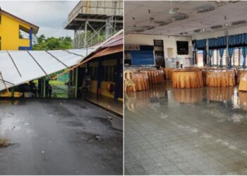 KEADAAN struktur atap bangunan Sekolah Menengah Kebangsaan Datuk Abdullah, Kota, Rembau yang rosak dalam kejadian ribut petang tadi.