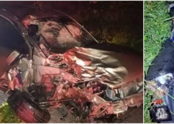 KEADAAN kemalangan membabitkan sebuah motosikal dan sebuah kereta di jalan besar Palong 7,8 - Palong 4,5,6, Jempol malam semalam.-GAMBAR/IHSAN POLIS.