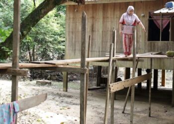 WAN Rohaya Wan Abdullah menunjukkan titi yang dibina setinggi satu meter yang menjadi laluan semasa banjir di Kampung Tersang, Rantau Panjang, Kelantan. – UTUSAN/KAMARUL BISMI KAMARUZAMAN