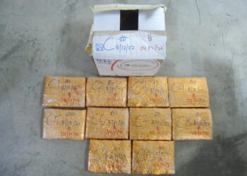 SEBAHAGIAN daripada ketulan mampat dipercayai dadah jenis ganja yang ditemukan tersorok dalam pikap di sebuah bengkel di Changlun, Kubang Pasu.