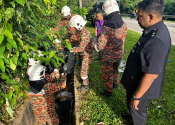 SEORANG warga emas maut selepas motosikal dinaikinya terbabas sendiri ke dalam longkang dalam kejadian di Jalan Rantau menghala ke  Kampung Ribu, Kuala Sawah di Seremban. - GAMBAR/IHSAN BOMBA