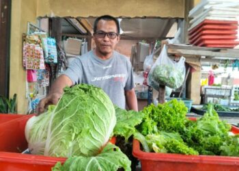 ZULKIFLI Mat Daud menunjukkan  sayur- sayur  di kedainya yang mengalami kenaikan harga di pekan Rantau Panjang, Kelantan.-UTUSAN/ROHANA ISMAIL.