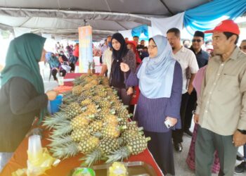 FUZIAH Salleh berbual dengan peniaga nanas yang menyertai Karnival Jualan Rahmah di Kompleks Belia dan Sukan, Alor Setar. -UTUSAN/MOHD RAFIE AZIMI