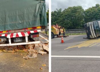 SEBUAH lori membawa muatan telur yang terbalik dalam kejadian kemalangan di Kilometer 242.6, Lebuh Raya Utara Selatan arah utara, dekat Rembau pagi tadi.-GAMBAR/IHSAN POLIS.