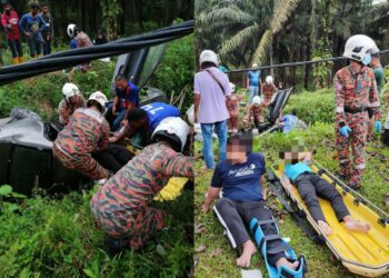 KERETA dinaiki sebuah keluarga hilang kawalan sebelum terjunam ke dalam parit ladang kelapa sawit di Jalan Melaka Pindah, Alor Gajah, Melaka.
