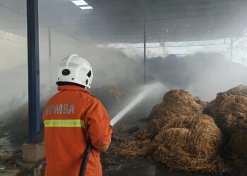 ANGGOTA bomba memadam kebakaran di sebuah gudang jerami di Kampung Batu 4, Sanglang di Kubang Pasu.