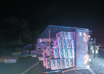 SEBUAH lori ayam terbabas lalu terbalik di Kilometer 222.0 Lebuhraya Utara Selatan (PLUS) arah Utara berhampiran Alor Gajah, Melaka.